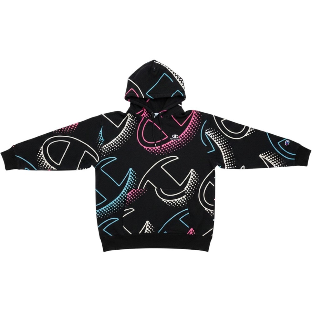 Champion Hoodie Mens XL Black Classic Fleece All Over Print Logo Neon Sweatshirt
